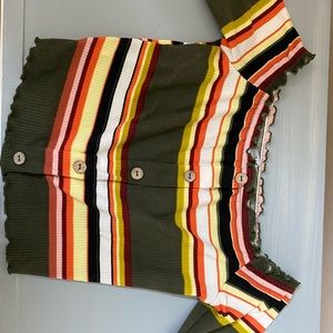 Off the shoulder short sleeve green striped top
